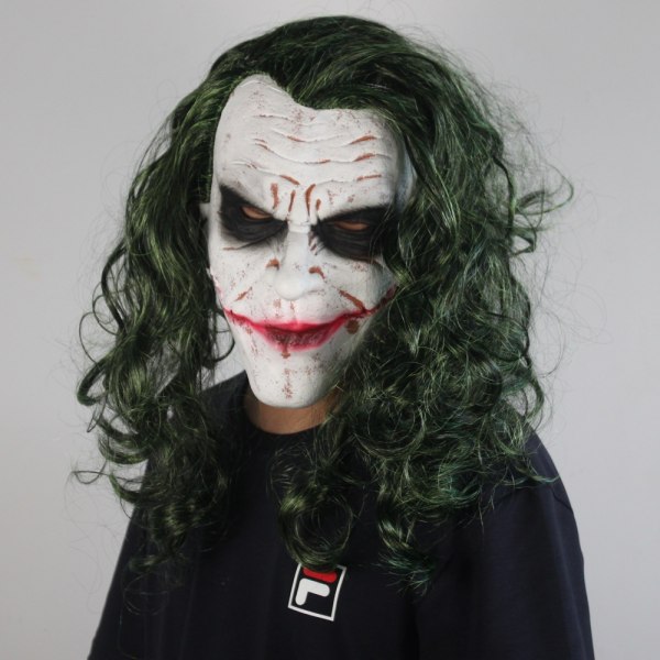 Maskekostyme for Dark Knight Cosplay, Latex Man Smile Mask med grønt hår for Joker Rollespill, Hall