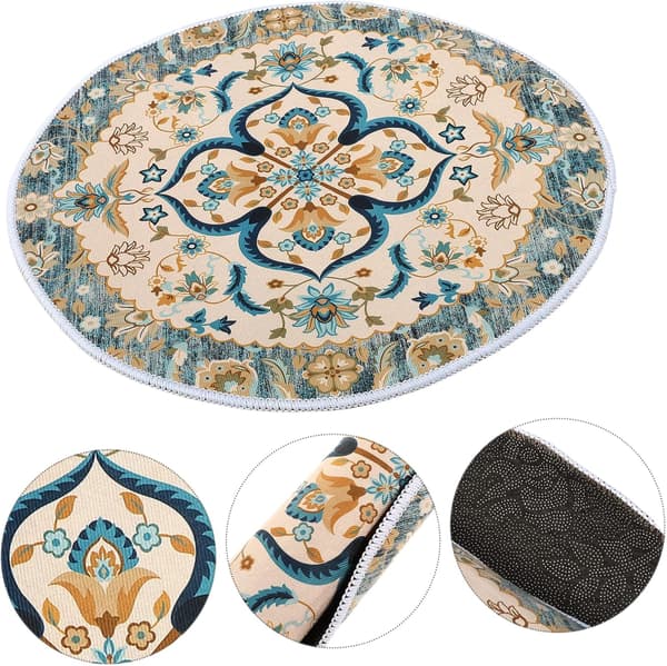 Rundt polyestertæppe med trykt design, slidstærkt til elegant boheme-stil interiør, velegnet til køkken og badeværelse