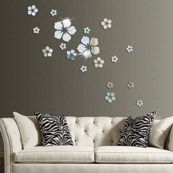 18 st Väggdekaler i Akryl Spegel för Hem Vardagsrum Sovrum Dekoration 3D Blomma DIY Väggdekoration Silver