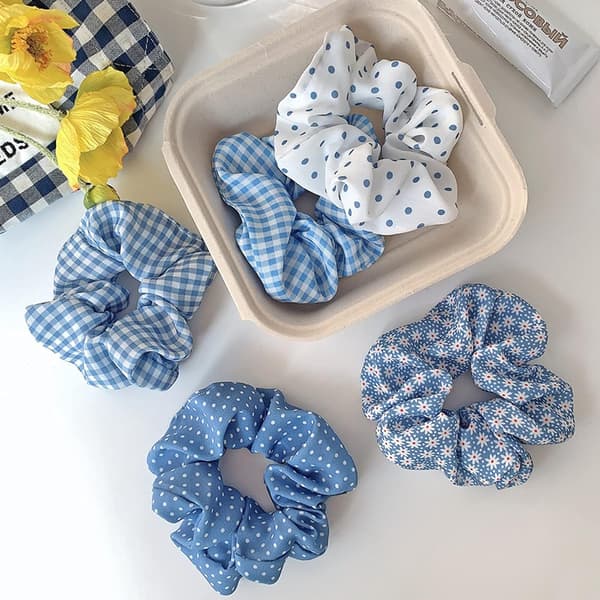 Plaid Scrunchies Sæt - 5 Bandana Hårelastikker til Kvinder Blå