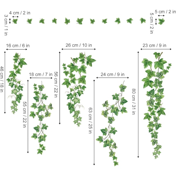 Gröna Växt Väggdekaler Hängande Rankor Murgröna Blad Botanisk Väggdekor för Sovrum Vardagsrum Kontor