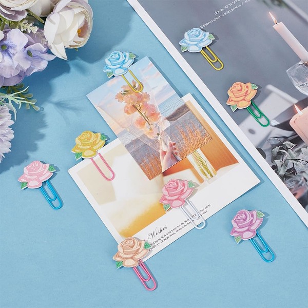 Tilfældig Farve 80 stk. Rose Papirclips Blomster Blad Binder Papirclips Klemmer med Klar Æske Bogmærker Metal Planner Memo Dispenser til Kontorartikler Sc