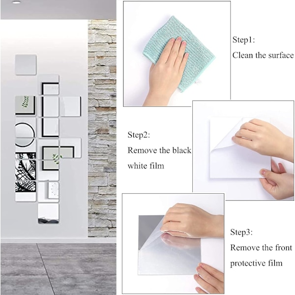 6 stk Vægspejl Stickers Kvadrat Aftagelig Lim Spejl Sølv