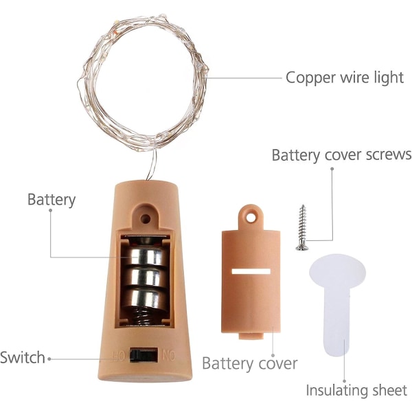 10-pakning vinflaskelys med kork, 10 LED-batteridrevet korkform, sølvkobbertråd, fargerik