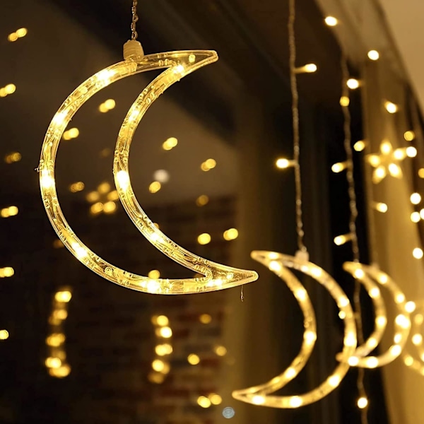 LED Stjerne Måne Gardinlys, 3.5M Fe Lys 8 Tilstande og Hukommelsesfunktion Udendørs/Indendørs med Stik,