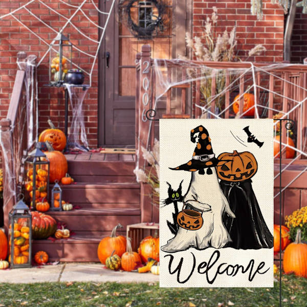 1 kpl Tervetuloa Halloweeniin Temppu vai Herkku - Puutarhalippu 12 x 18 tuumaa, Kaksipuolinen, Haamu Kurpitsa Lepakko Lomapuutarha Ulkona