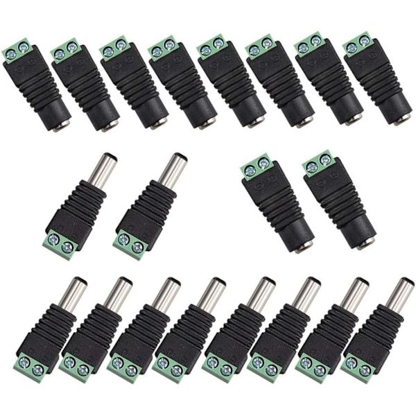 20 kpl DC-virtapistokkeita, uros/naaras 2,1 x 5,5 mm, pistokkeet 12V, liitäntäsovittimet, CCTV-kameralle, DVR-turvajärjestelmälle, LED-valoille