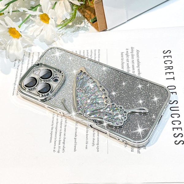 för iPhone 16 Pro Max, Sött Flickigt Lyxigt Bling Flytsand 3D Fjärilsdesign för Kvinnor Flickor (för iPhone 16 ProMax) - Silver