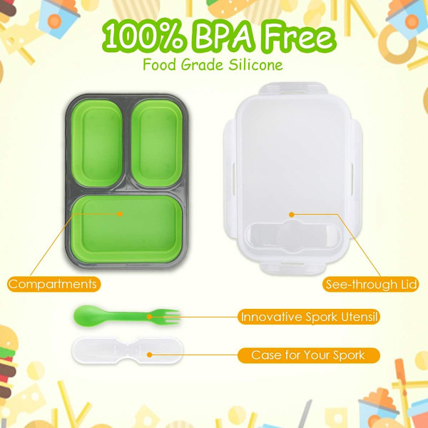 Hopfällbar silikon Bento-låda 3 fack Eco silikon hopfällbar