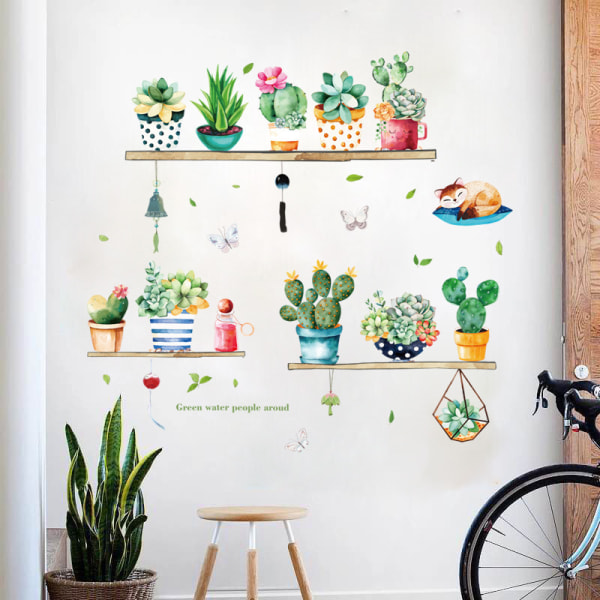 Fresh Potted Cactus Living Room Bedroom Background Wall Removab