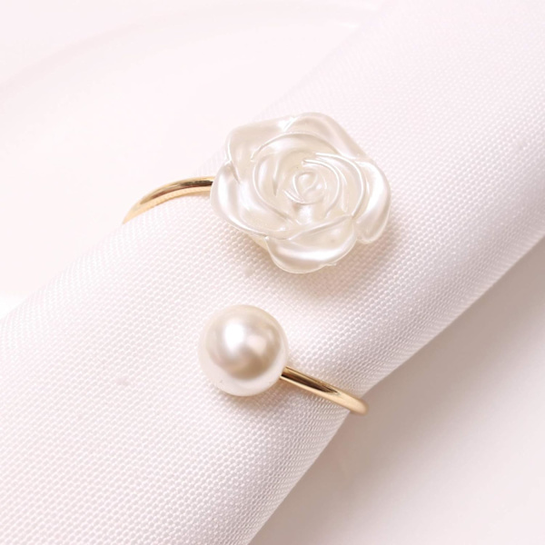 (Rose Pearl) Pärl Servettringar Set om 6, Guld Servettring för Bröllop, Middagsbjudning, Bankett