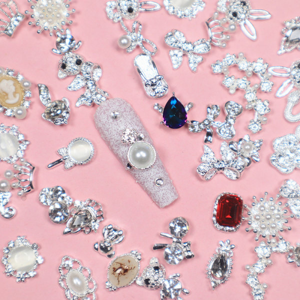 (Blandade mönster) 50 st blandade 3D pärlstrass rosett lyx metall nagelkonst charms, legering nagel Sliver