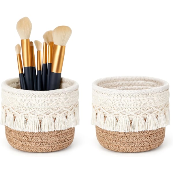Sæt med 2 Makeupbørste Opbevaringskurve - Opbevaringskurve til Hjemmet - Mini Boho Stil Opbevaringskurv - 10 x 10 cm