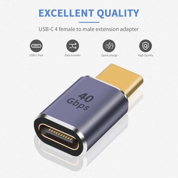 40 Gbps USB C-adapter, USB-hane til USB C-hunn adapter støtter 8K@60Hz og 100W hurtiglading, komp