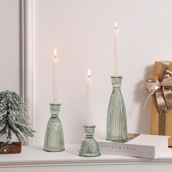Set med 3 vertikala randiga ljusstakar, premium glasljusstakar för ljusstakar och koniska ljus, vintage