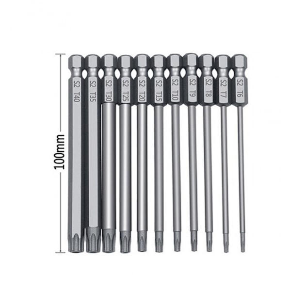 Torx-ruuvimeisselisarja 11 kpl 100 mm S2-terästä magneettiset kuusikulmaiset ruuvimeisseliterät T6 T7 T8 T9 T10 T15