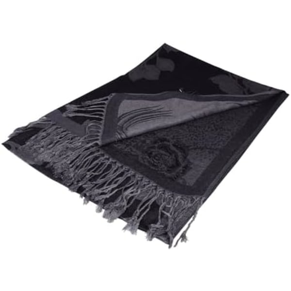 Mjuk Silkeslen Pashmina Vändbar Blommig Ros Sjal Wrap Halsduk med fransar