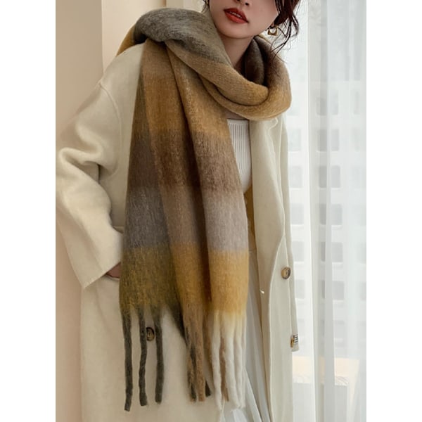 Gul-Vinter Kvinna Varm Halsduk Lång Sjal Stora Scarves Kallt Väder Tjock Filt Scarves Färgglad Rutig