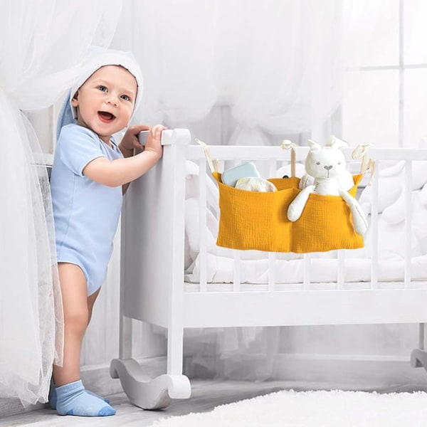 stk Baby Seng Opbevaringspose, Hængende Opbevaringspose, Hængende Ble Organizer, Baby Seng Hængende Opbevaring med 2 Lommer, til Opbevaring af Tøj, Bleer, Legetøj (