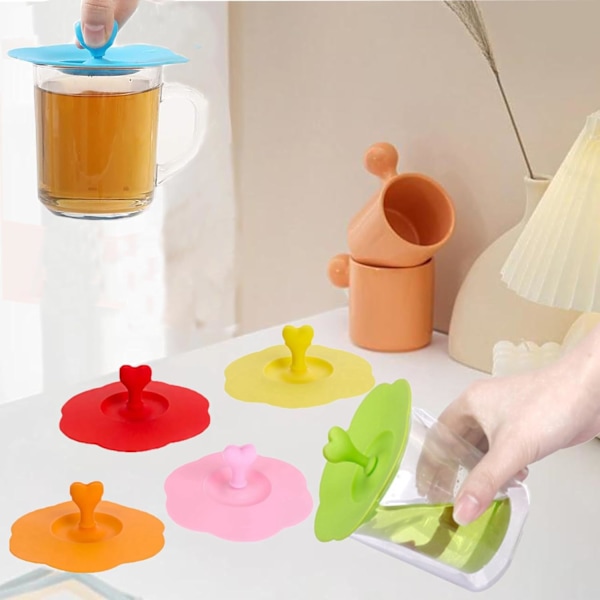 6 st Silikonmugghuvud, Färgglada 4 tum Blomformade Mugglock Med Hjärtformad Skedhållare Universal Mugghuvud Flexibla