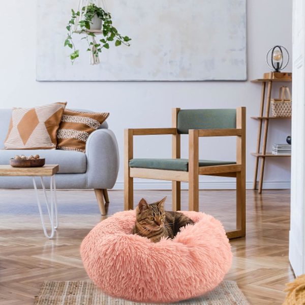 Rosa plysch munkformad hundsäng, lugnande rund hundkattssäng mjuk fluffig husdjursmatta självuppvärmande valpsäng 40cm