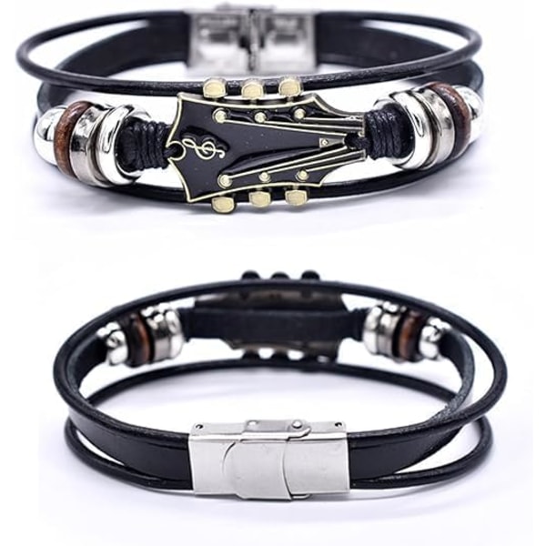 3 Set Retro Gitarr Läderarmband För Män Handgjorda Flätade Zinklegering Rockmusik Multi-Lager Wrap Armband Unika Punkstil Gåvor Smycken