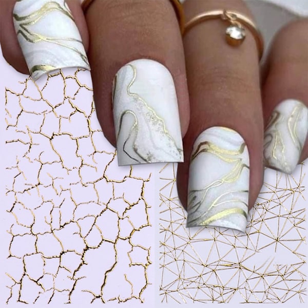 2 ark guld marmor nagelstickers för nagelkonst självhäftande oregelbundna linjer nagelkonst stickers guldlinje nageldekaler sommar nageltillbehör för kvinnor