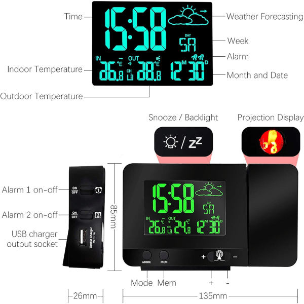 Digital Projektionsväckarklocka, Inomhus- och Utomhustemperatur, Väderprognos, Visning av