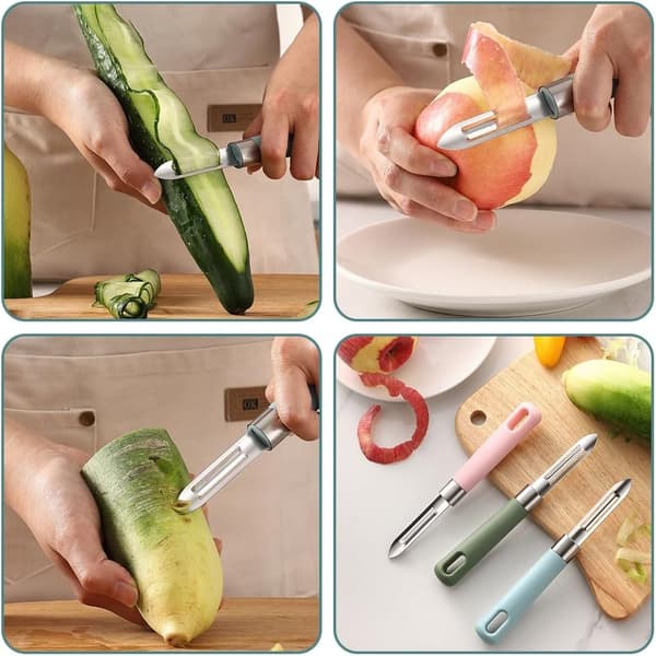 Sett med 3 fruktskrellere, multifunksjonell skreller i rustfritt stål, ergonomisk håndtak for grønnsaker, poteter