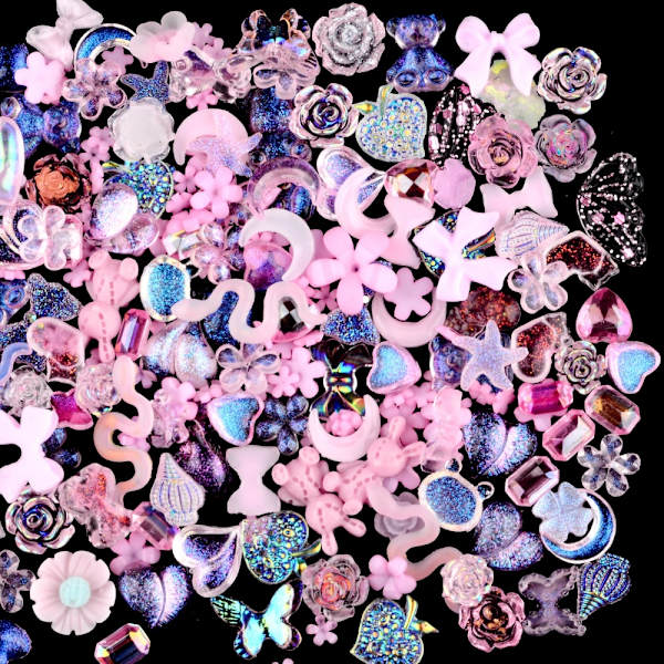 200 stk 3D harpiks neglpynt, forskjellige stiler sommerfugl blomst hjerte rhinestones rosa gull
