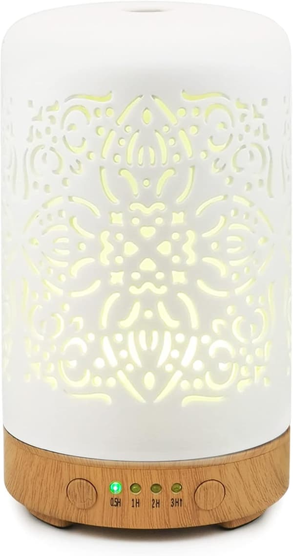 Eterisk Oljediffuser Hvit Keramisk Diffuser 100 ml Timere Nattlys og Automatisk Avstengningsfunksjon Hjemmekontor Luftfukter Ul