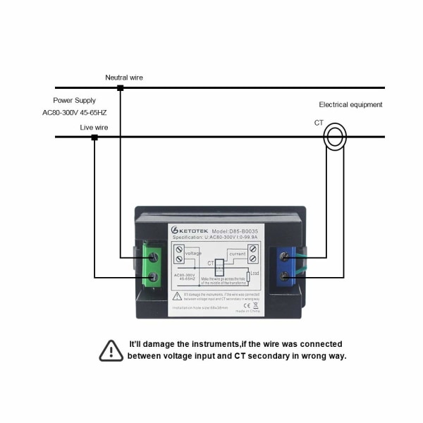 Digital Voltmeter Ammeter AC 80-300V 0-100A Spennings- og Strømmåler