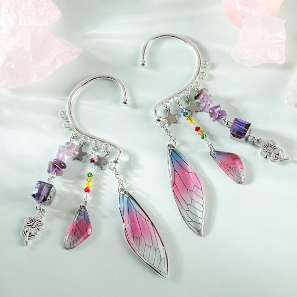 Renaissance Fairy Elf Øremanchetter - Elven Øremanchetter med Amethyst Dragonfly Ving Elf Øreklips Fairy Wings Øreringe Ikke Pie