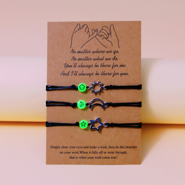 Justerbare vennskapsarmbånd, med lysende perler, 3 stykker assortert håndlaget Lucky Rope-armbånd