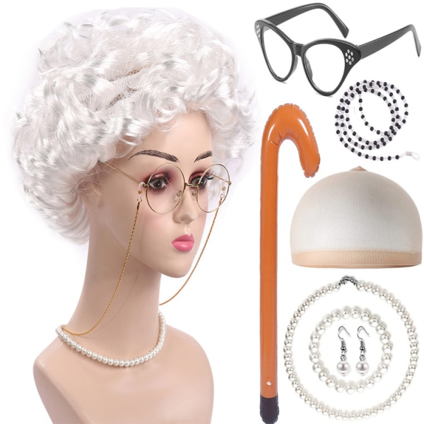 Vanhan naisen set - mummon peruukki, peruukkihatut, mummon lasit, gl