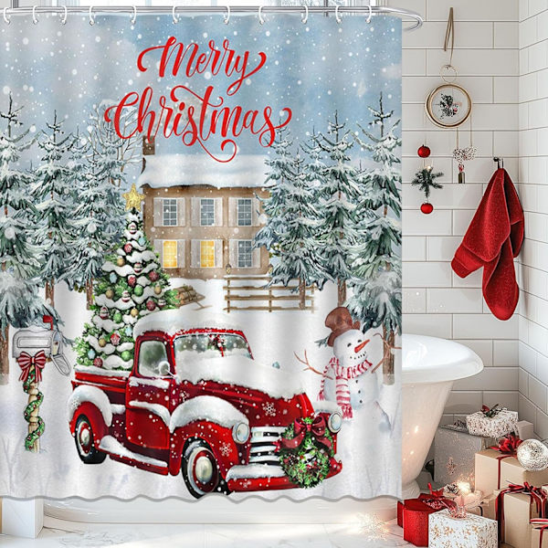 1 st  God Jul Duschdraperi Röd Vintage Lastbil Julgran Vinter Snögubbe Rustik Retro Lanthus Dusch