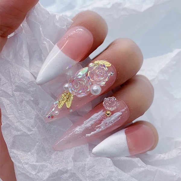 3D Akryl Blomspik Charm Vita Blommor Rosa Kamelia Naglar Dekoration Blommor Naglar Acc