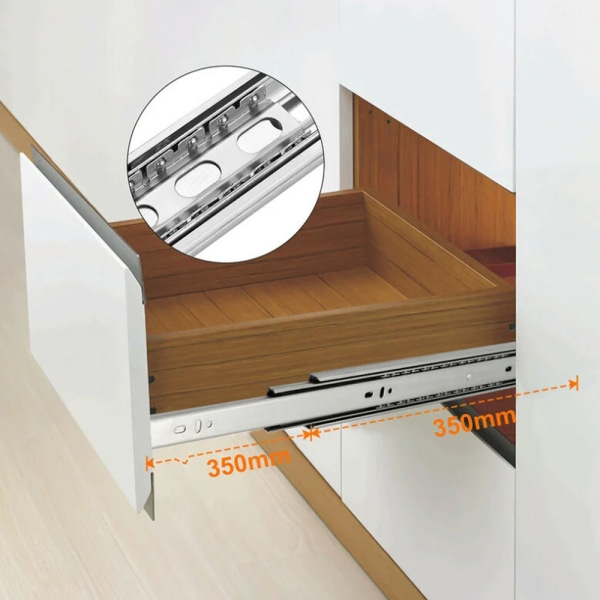 4 kpl 350 mm:n laatikon liukukiskot Laatikon liukukiskot Automaattisella palautuksella Täydellinen jatko 45 mm