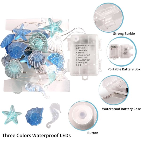 Sjöstjärna ljusslinga för sovrumsdekoration 3m 30 LED Ocean String Light Sea Shells Seah