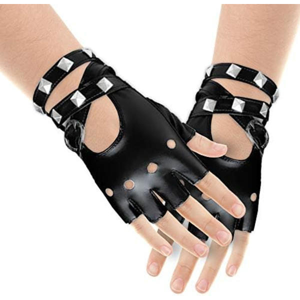 Fingerløse Kunstlæderhandsker - Sorte Biker Punk Handsker med Bæltelukning og Nitter Design til Kvinder