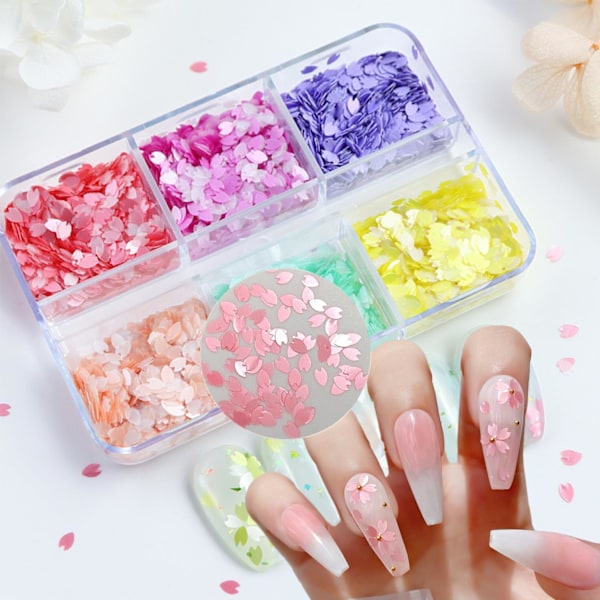6 Färger Körsbärsblommor Nagelkonst Glitter Paljetter 3D Blommor Nageldekorationer Holografiska Sakura Kronblad Nagelglitter Flakes Designs Nageltillbehör för W