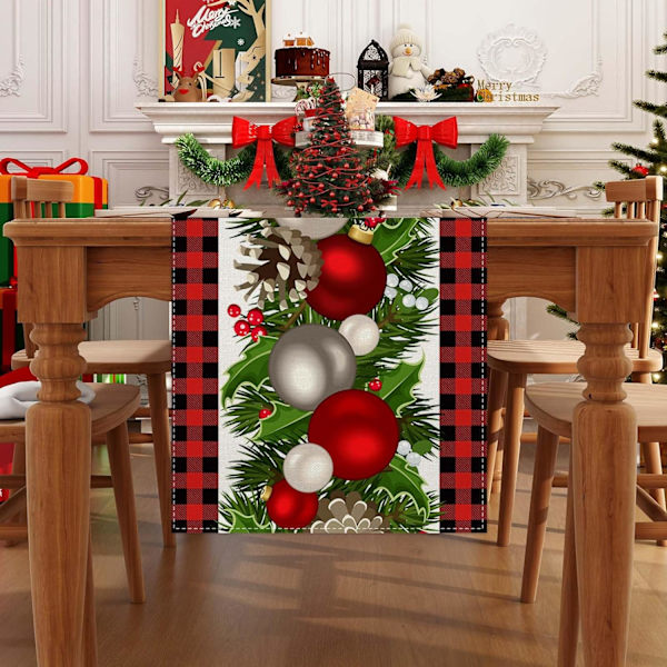 Linne Röd och Svart Buffelrutig Julbordsskydd 72 Tum Lång Säsongsbetonad Vinter Jul Jul Julhelg Lanthus