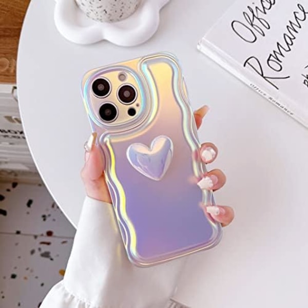 iPhone 15 Pro Max Deksel 6,7 tommer, Søt 3D Hjerte Bølge Ramme Myk TPU Glitter Bling Laser Fargerik Lys Glitter Telefon