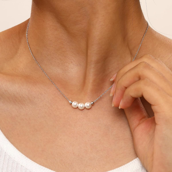 Perlekæde til kvinder, 925 Sterling Sølv Fint Perlevedhæng Kæde Smykke Gave, Enkel 3 Hvid Perle Choker