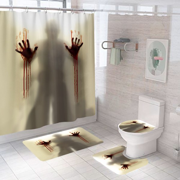 Sett med 4 Halloween dusjgardiner med sklisikre matter, toalettlokktrekk og badematte, skrekk-skygge