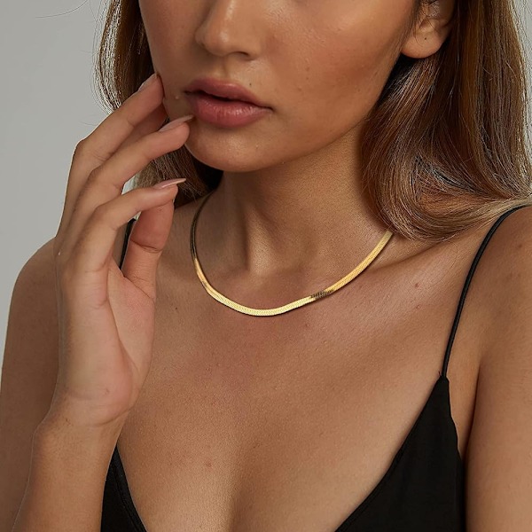 Gul Halsband Ormkedja 14K Guldförgylld för Kvinnor Gul Halsband Fisksbensmönster Rostfritt Stål Smycken Justerbar Kvinnor N