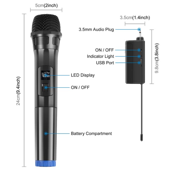 Puluz UHF dynamisk trådløs mikrofon med LED-display (sort)