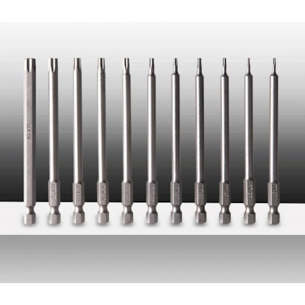 Torx-ruuvimeisselisarja 11 kpl 100 mm S2-terästä magneettiset kuusikulmaiset ruuvimeisseliterät T6 T7 T8 T9 T10 T15
