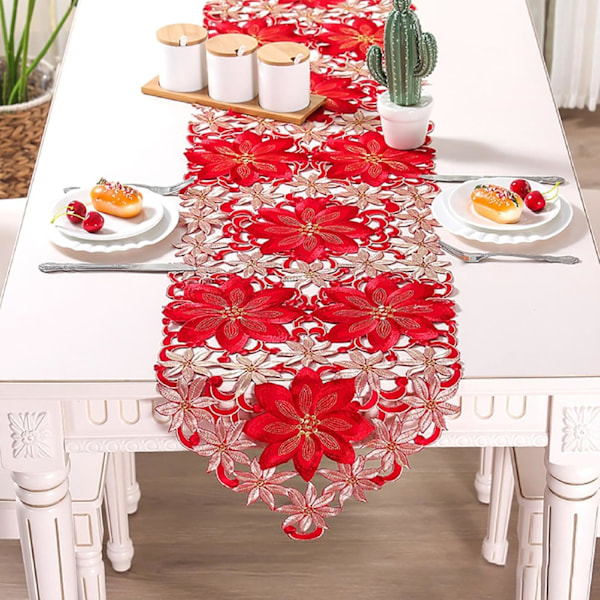 Julepynt - Broderet Julekugler - Rød Blomst Bordflag - Hjemmebordpynt - 38 x 170 cm