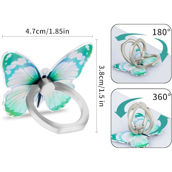 4 ST Butterfly Mobiltelefon Ringhållare Zinklegering Söt 360° Rotation Metall Finger Mönster Målad Universal Telefon Ringhållare Kompatibel för Alla Smartp